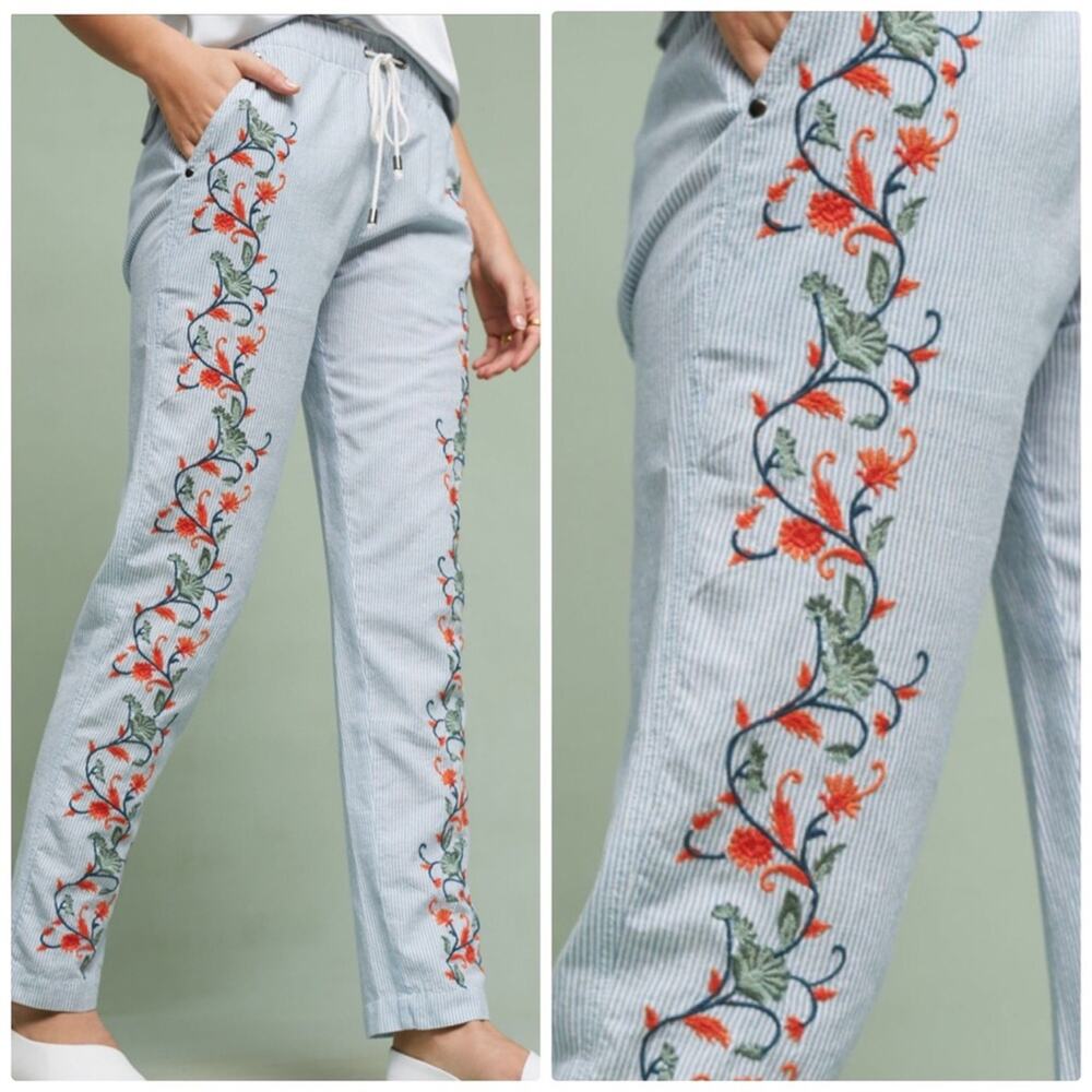 🆕 Anthrpologie Eze Sur‎ Mer Blue Petaled Embroidered Striped Pants Size XS